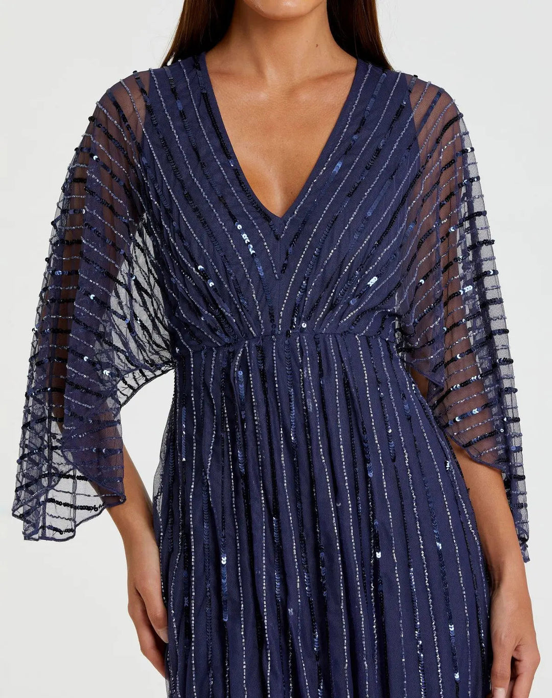 Mac Duggal 93841 Navy Beaded Striping Kimono Sleeve V Neck Gown