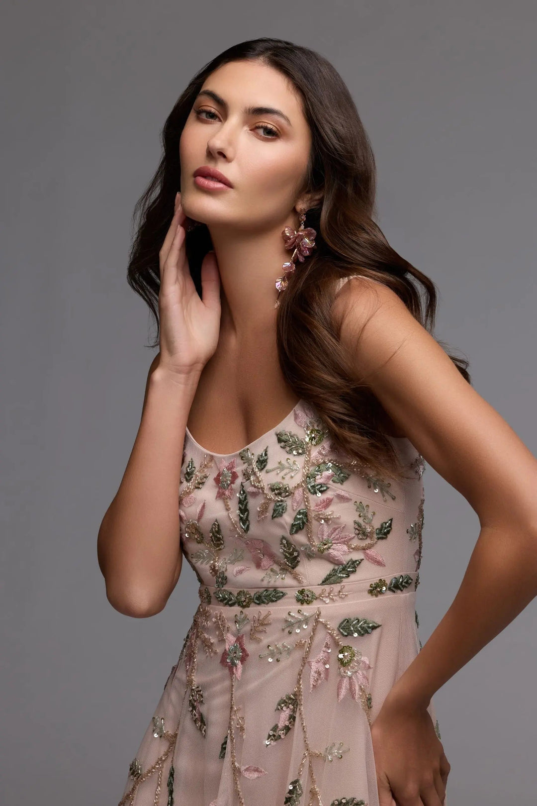 Pink Ruffle Midi Dress with Floral Embroidery - FOSTANI.com
