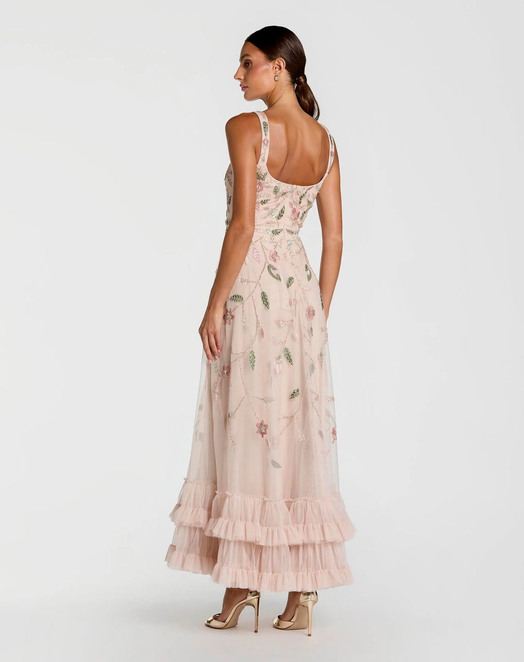 Pink Ruffle Midi Dress with Floral Embroidery - FOSTANI.com