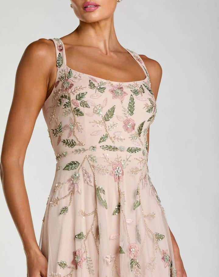 Pink Ruffle Midi Dress with Floral Embroidery - FOSTANI.com