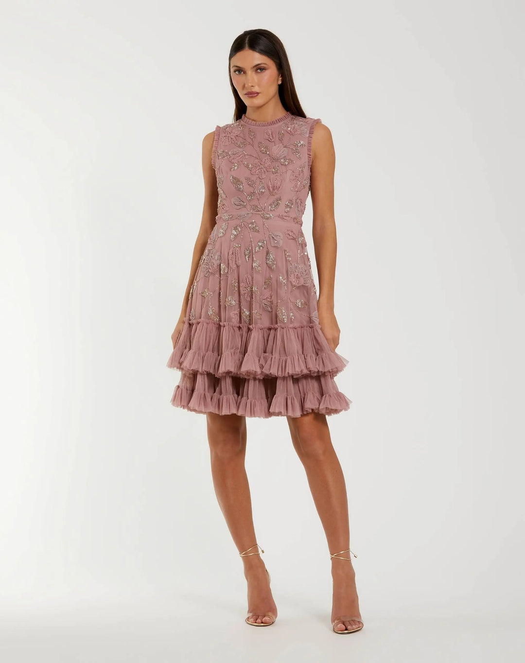 Pink High Neck Sleeveless Beaded Dress With Ruffled Hem - FOSTANI.com