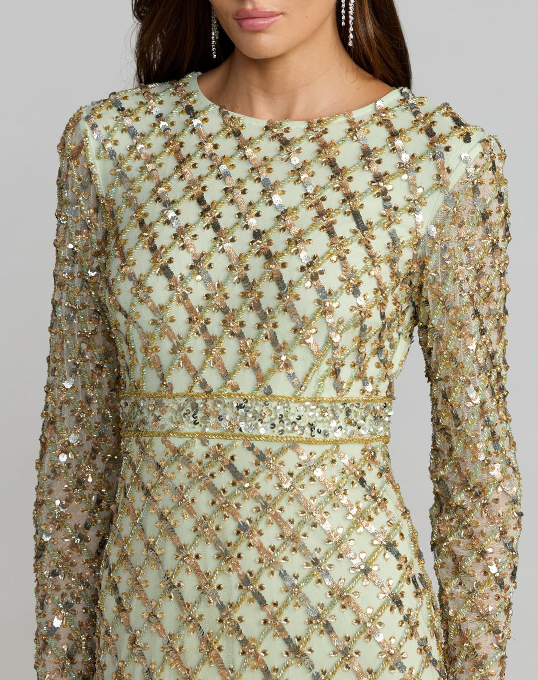 Mac Duggal 94318	Sage Green Long Sleeve High Neck Embellished Gown