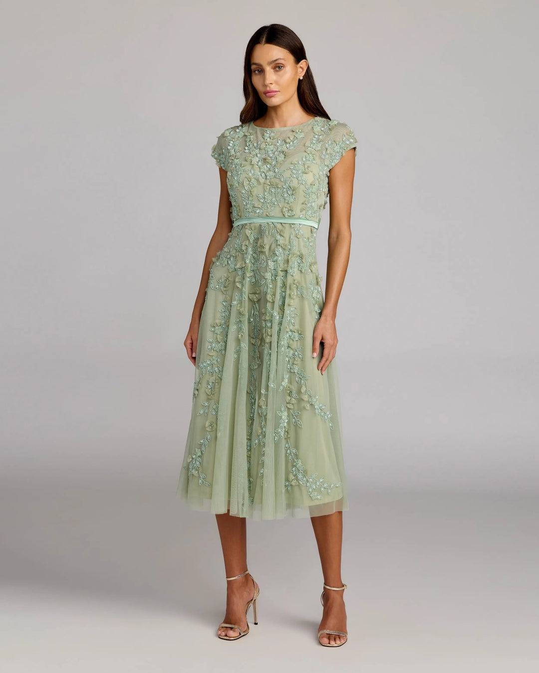 Green Floral Embellished Cap Sleeve Midi Dress - FOSTANI.com