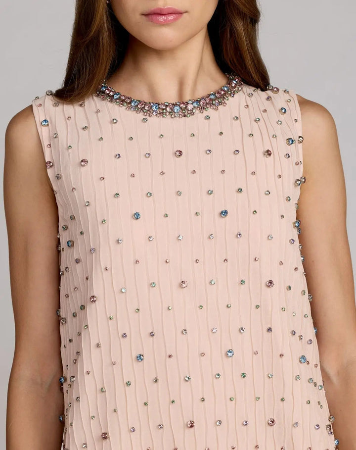 Light Pink Embellished Sleeveless Shift Mini Dress - FOSTANI.com