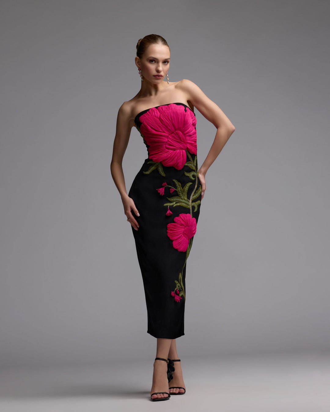 Mac Duggal 94359 Black Strapless Floral Embroidered Midi Dress - FOSTANI.com