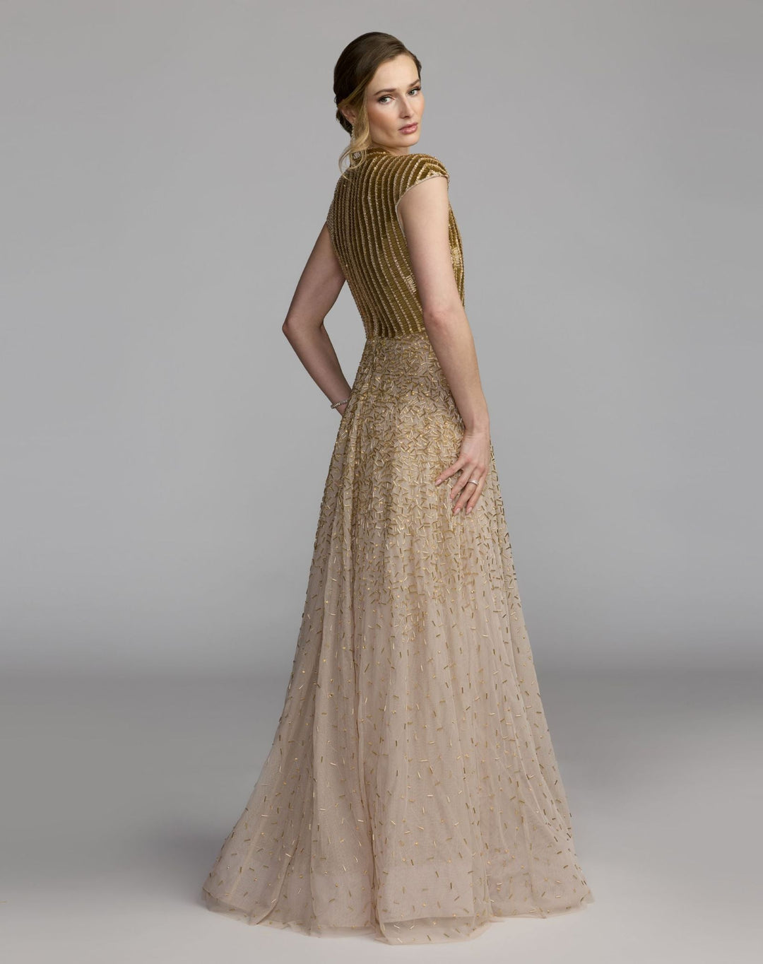 Mac Duggal 94386 V-Neck Beaded Tulle A-Line Gown