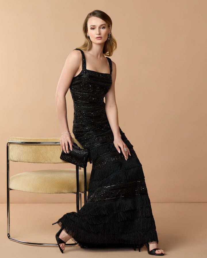 Mac Duggal 9450 Geometric Embellished Gown With Fringe