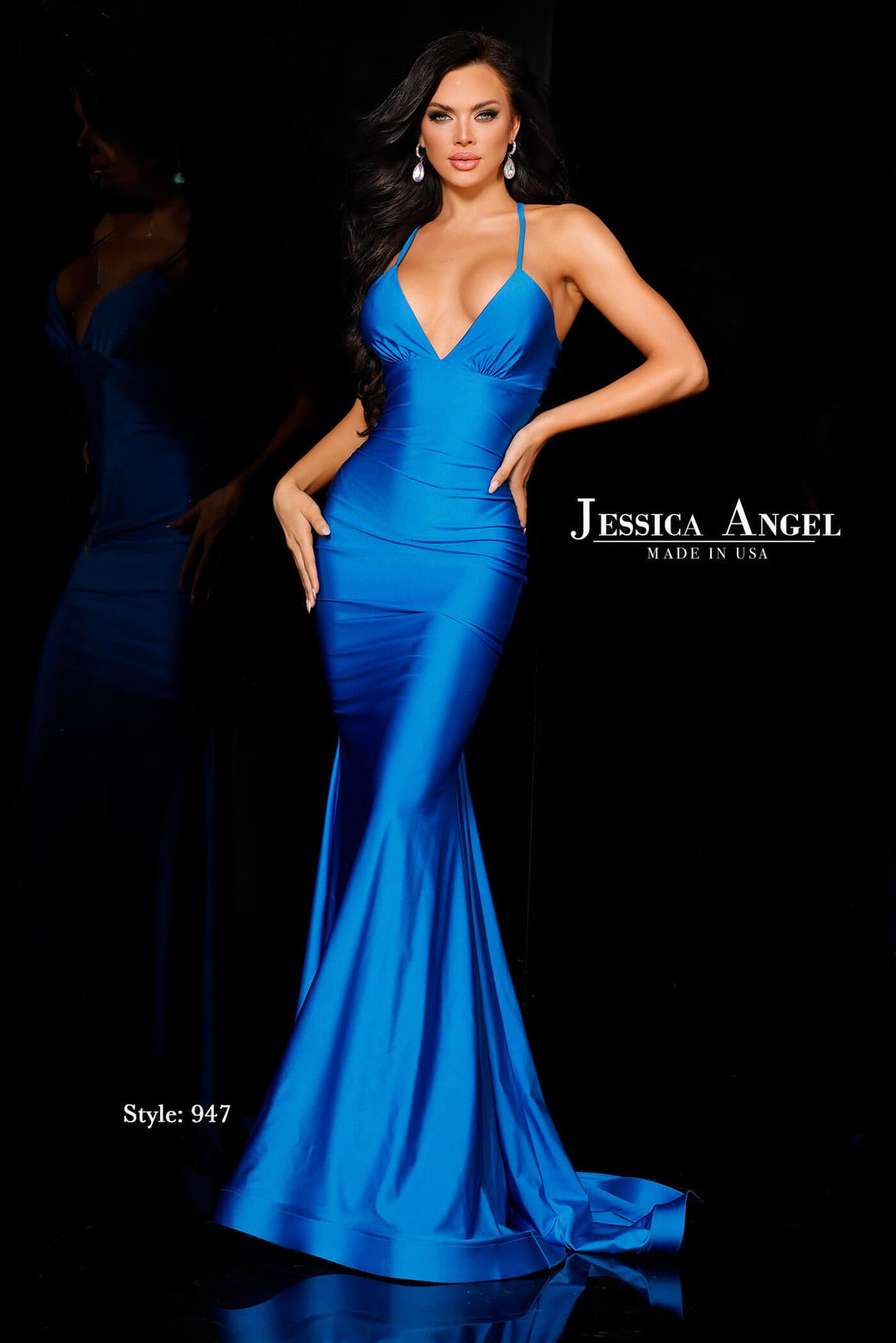 Jessica Angel 947 V-neck jersey mermaid gown with back bow front view
