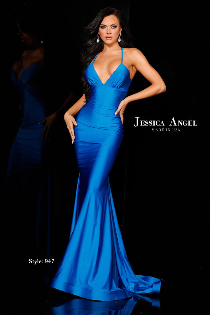 Jessica Angel 947 V-neck jersey mermaid gown with back bow front view
