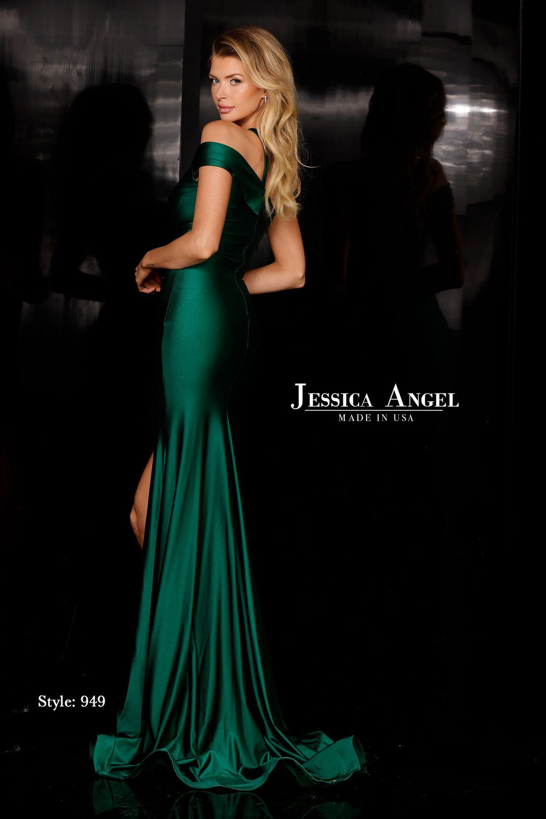 Jessica Angel 949 asymmetric off shoulder jersey gown with slit back view