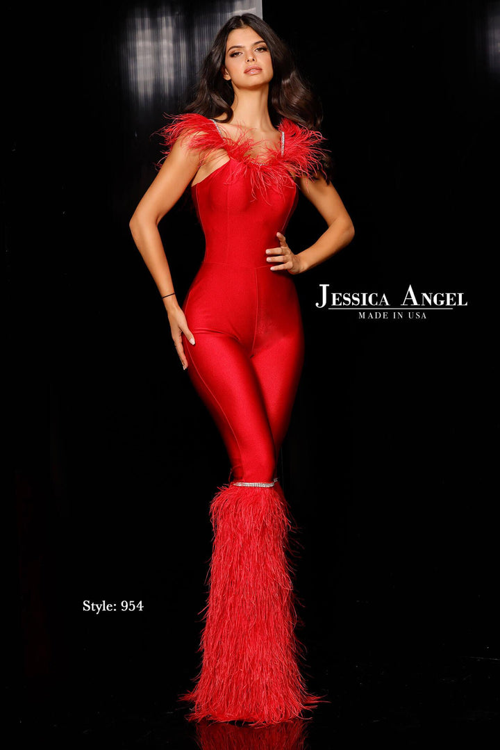 Jessica Angel 954 feather trim jersey jumpsuit front view