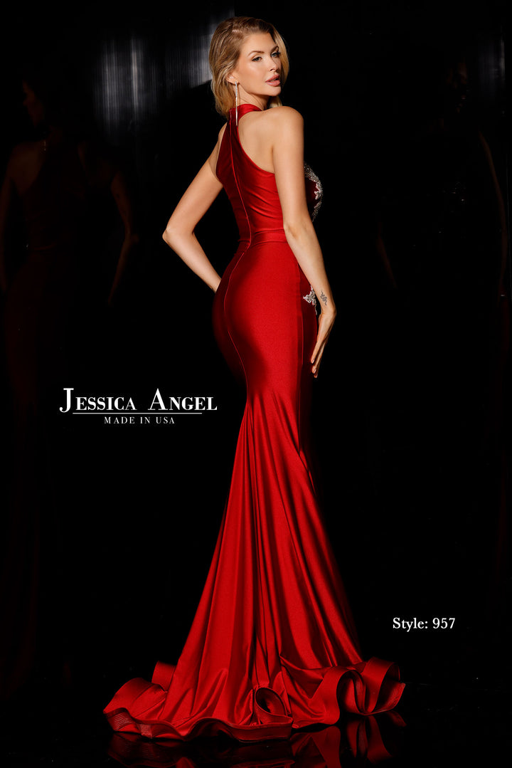 Jessica Angel 957 halter embellished appliqué jersey mermaid gown back view
