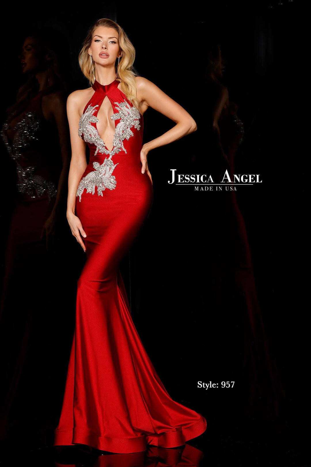 Jessica Angel 957 halter embellished appliqué jersey mermaid gown front view