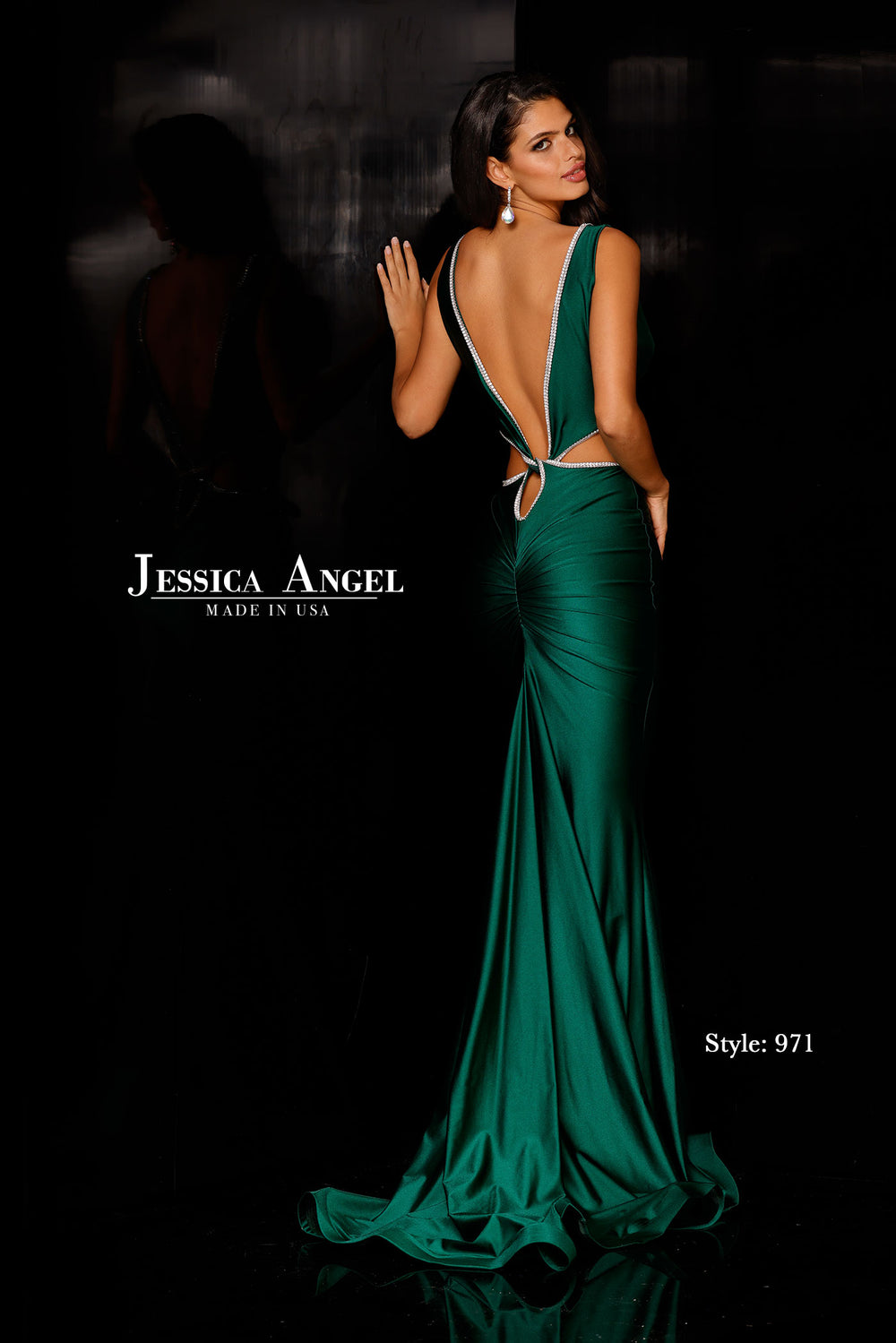 Jessica Angel 971 plunging V-neck crystal trim jersey mermaid gown back view