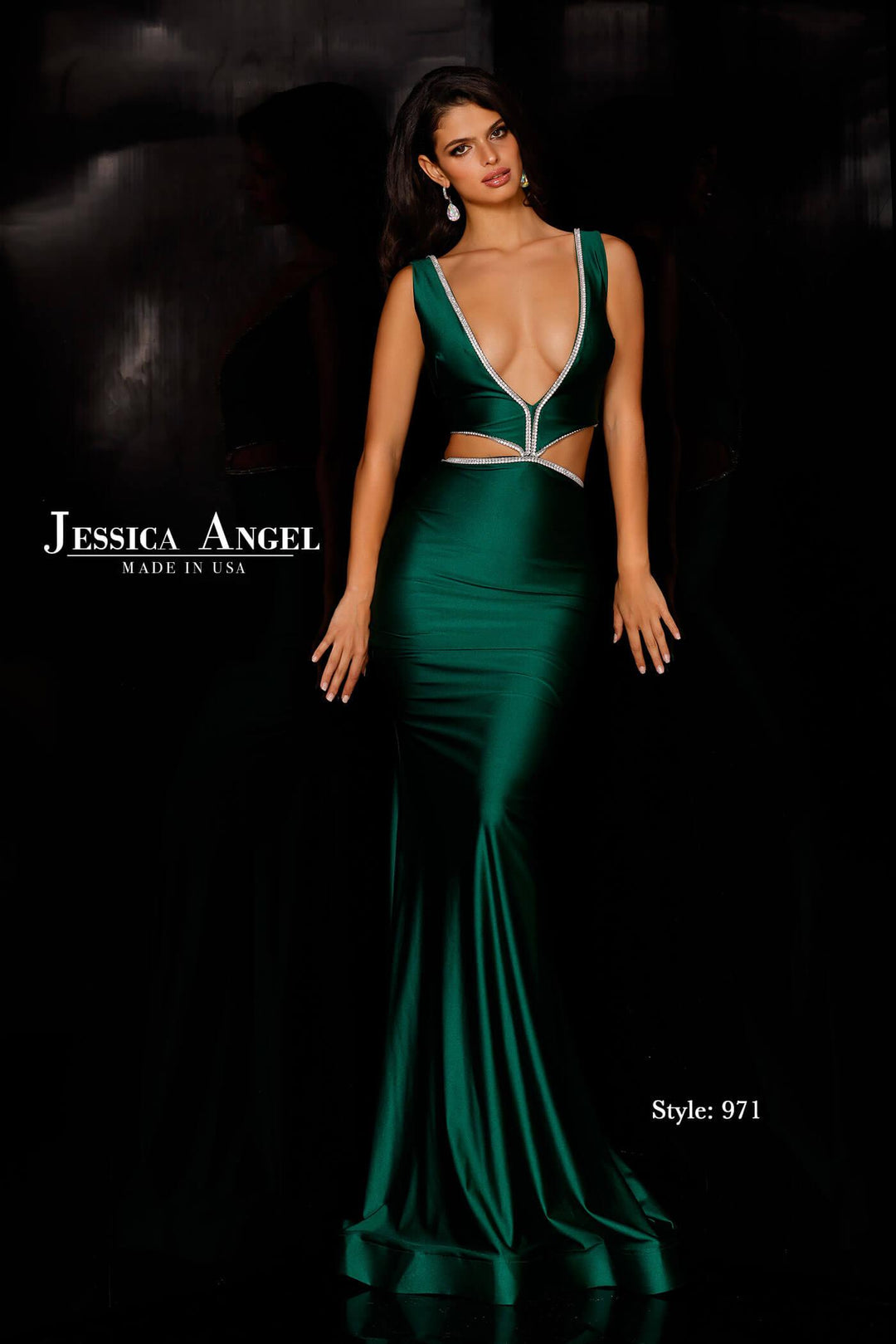 Jessica Angel 971 plunging V-neck crystal trim jersey mermaid gown front view