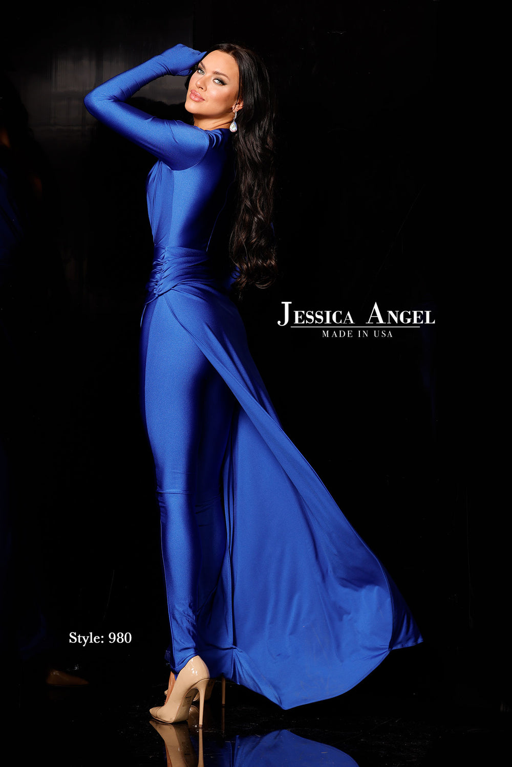 Jessica Angel 980 long sleeve V-neck jersey jumpsuit with overskirt back view