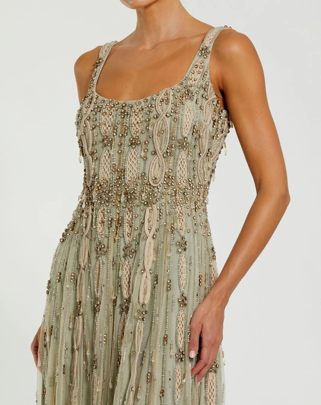 Mac Duggal 9910078P Petite Green Sleeveless Scoop Neck Embellished Midi Dress - FOSTANI.com