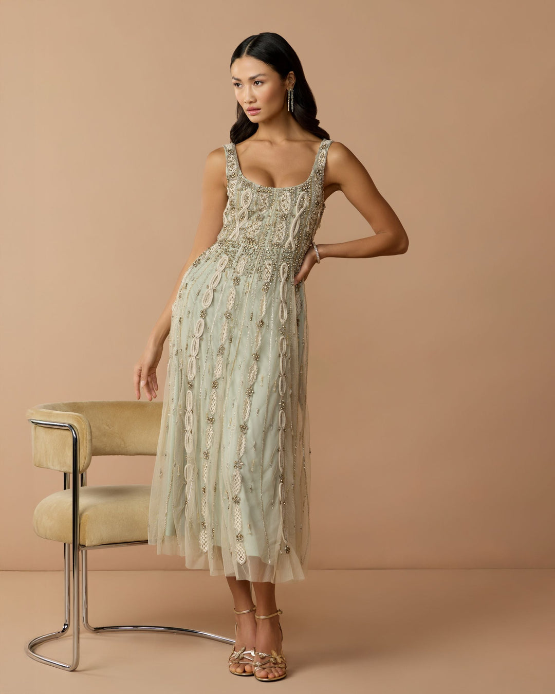 Mac Duggal 9910078P Petite Green Sleeveless Scoop Neck Embellished Midi Dress - FOSTANI.com