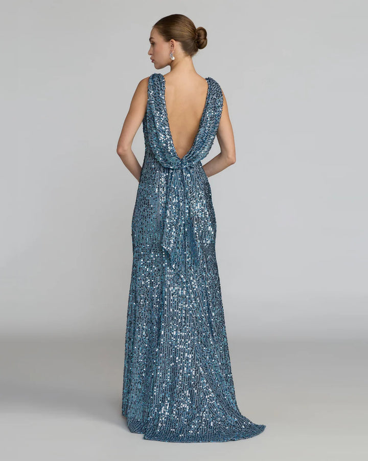 Mac Duggal 9926331P Petite Cowl Back Boat Neck Sequined Evening Gown