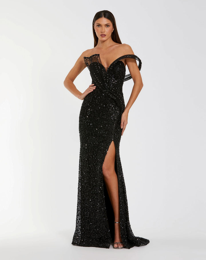 Mac Duggal 9937085P Petite Embellished Strapless Gown With Sculptural Drape
