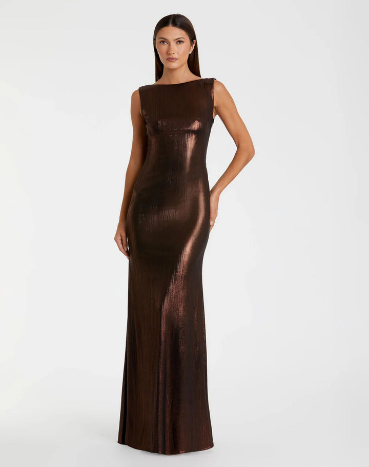 Mac Duggal 9949087P Petite Black Metallic Jersey Cowl Back Column Gown