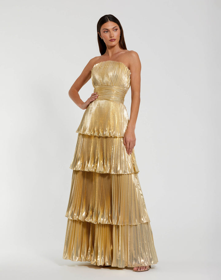Mac Duggal 9949911P Petite Gold Strapless Pleated Metallic Layered Ruffle Gown