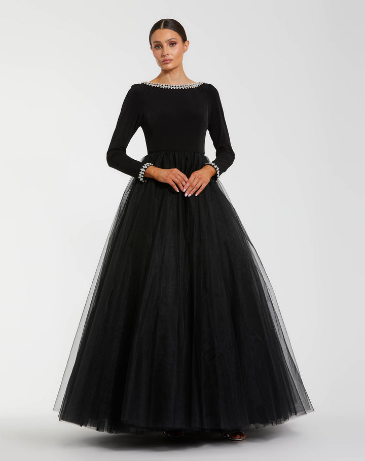 Mac Duggal 9956186P Petite Long Sleeve Tulle Ball Gown