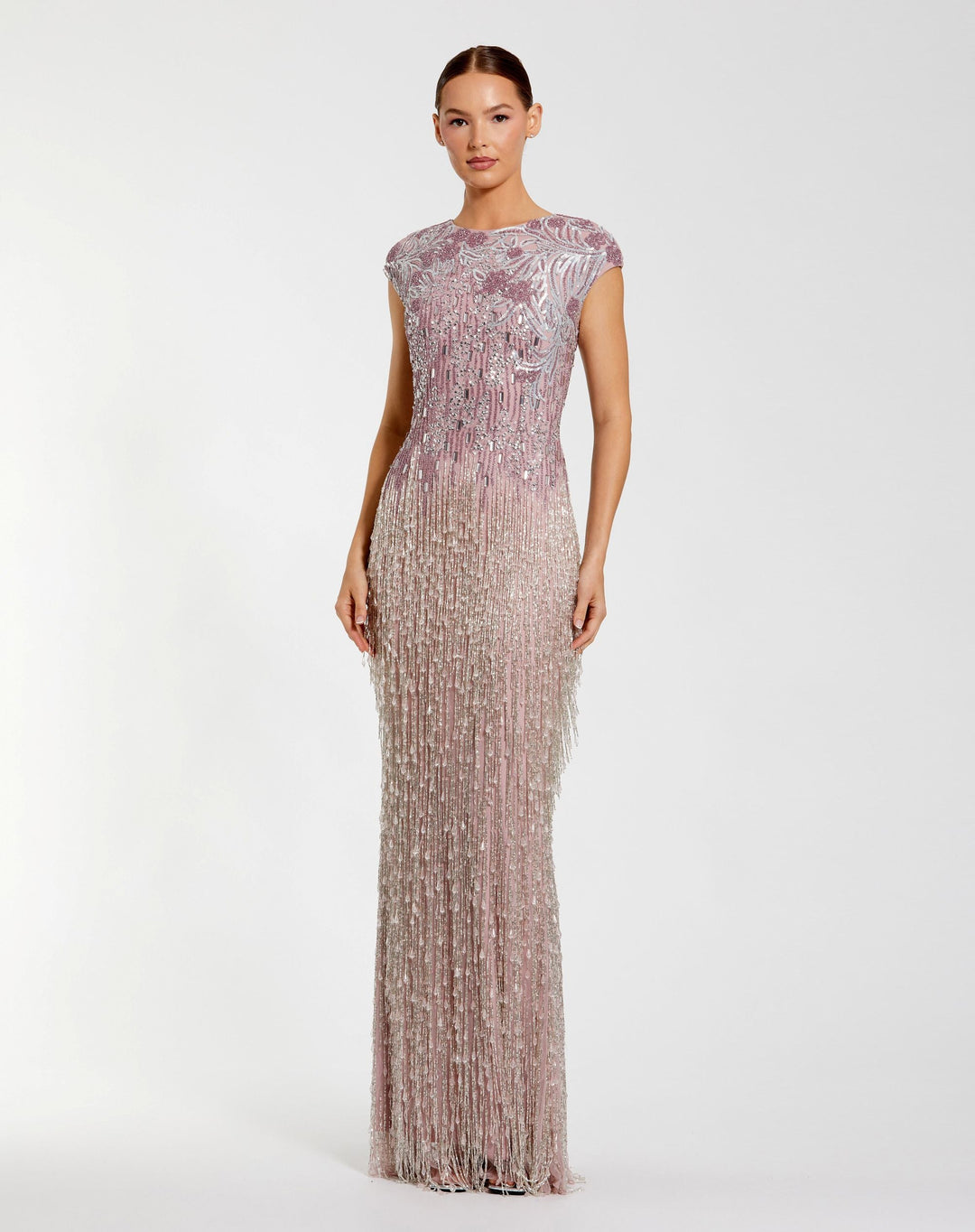 Mac Duggal 6169 Embellished Cap Sleeve Gown With Fringe Beading Dress