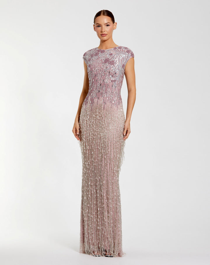 Mac Duggal 6169 Embellished Cap Sleeve Gown With Fringe Beading Dress