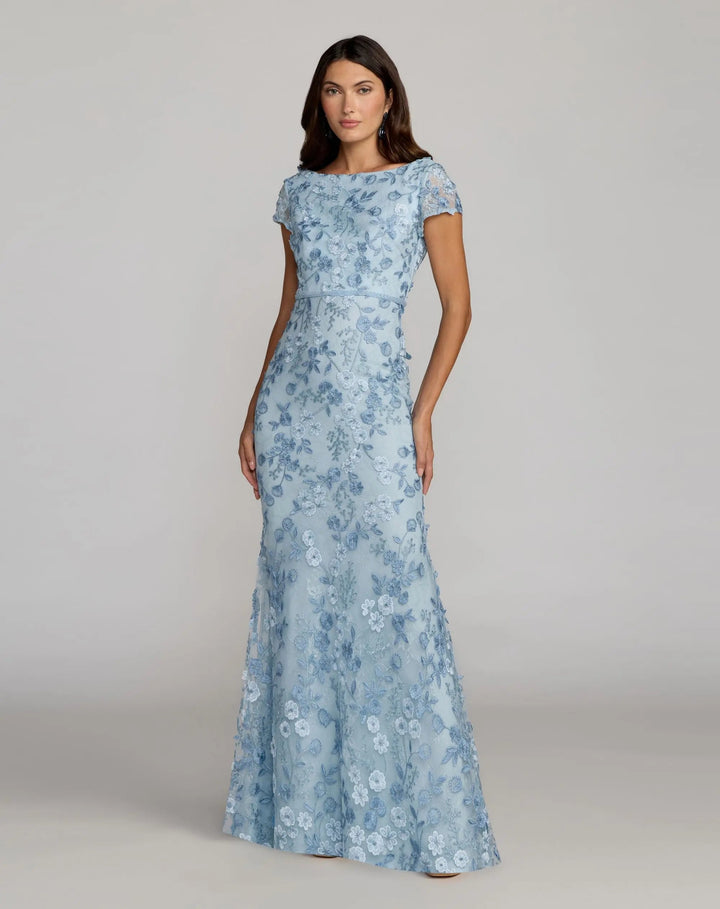 Mac Duggal 67711 Floral Applique Boat Neck Short Sleeve Gown