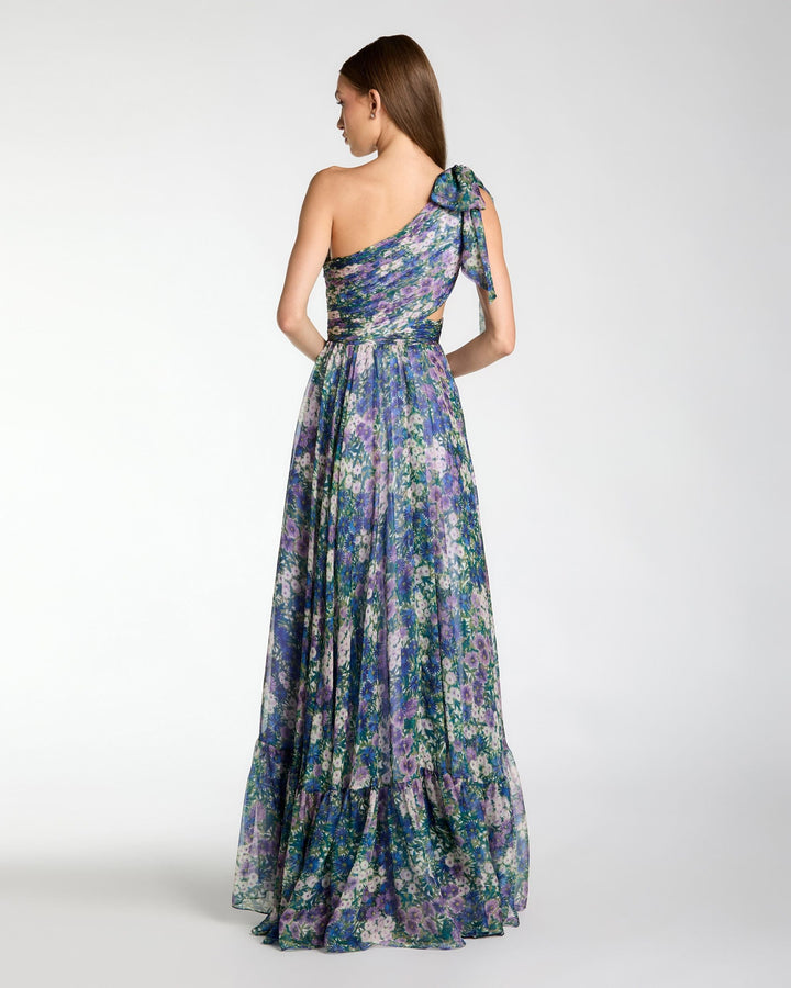 Mac Duggal 68553 One Shoulder Floral Printed Chiffon Side Cut Out Gown