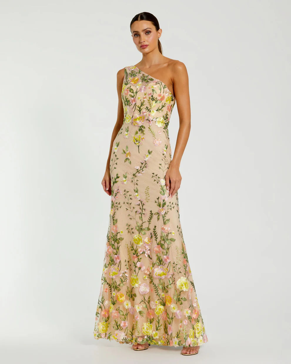Mac Duggal 68606 Petite Green One Shoulder Floral Embroidered Gown
