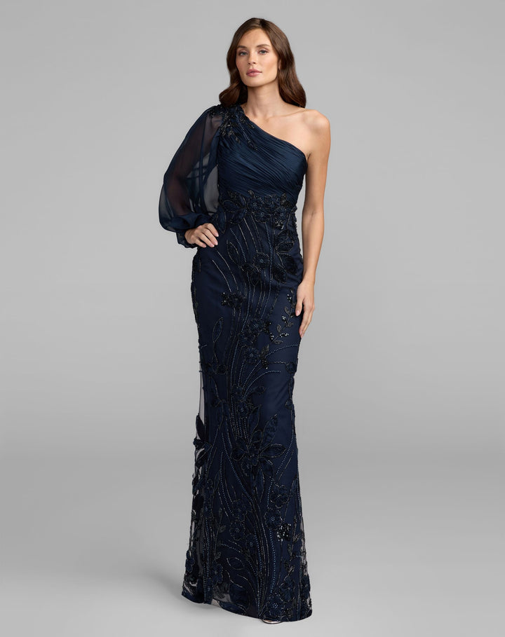 Mac Duggal 9969019P Petite One Sleeve Chiffon Embellished Gown