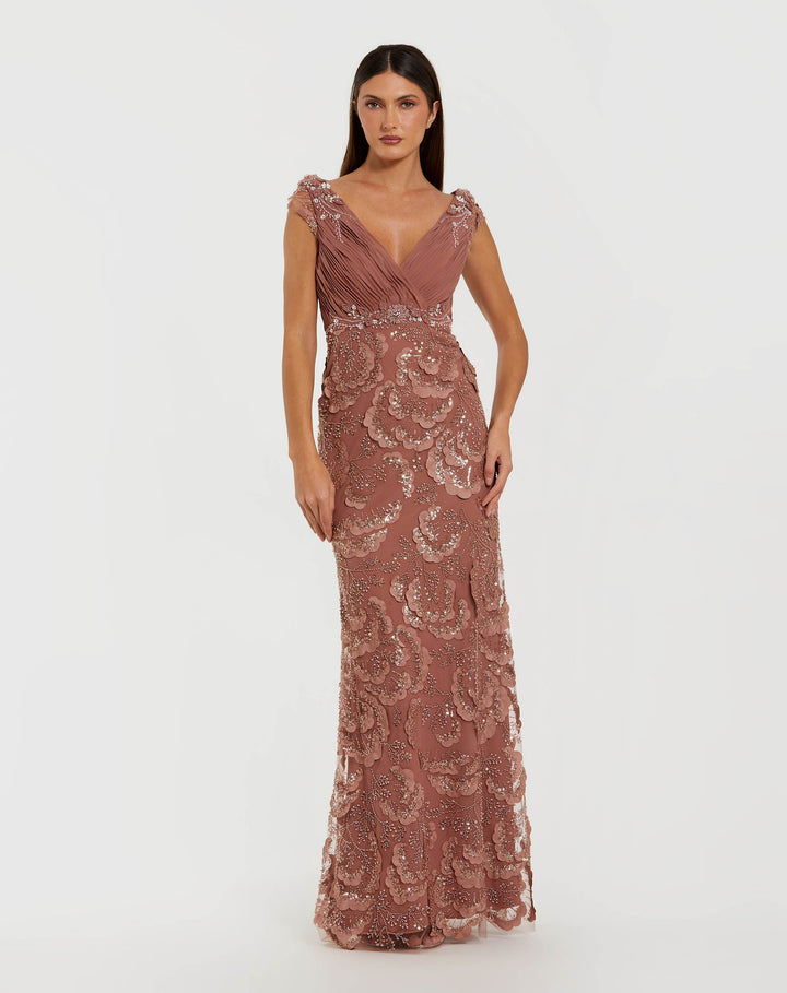Mac Duggal 69022 Petite Pink Floral Beaded Chiffon V-Neck Evening Gown