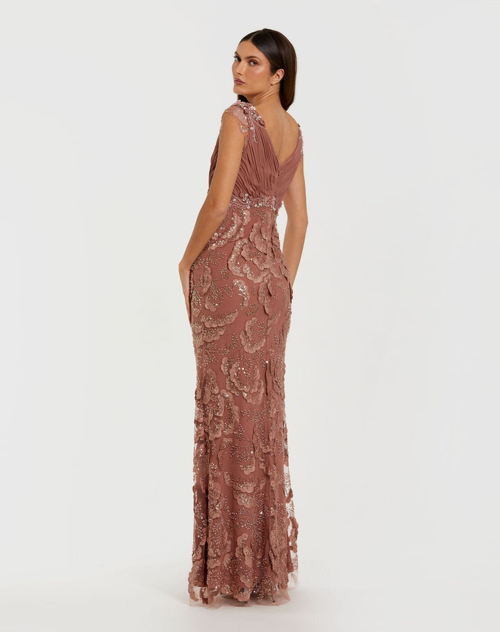 Mac Duggal 69022 Petite Pink Floral Beaded Chiffon V-Neck Evening Gown