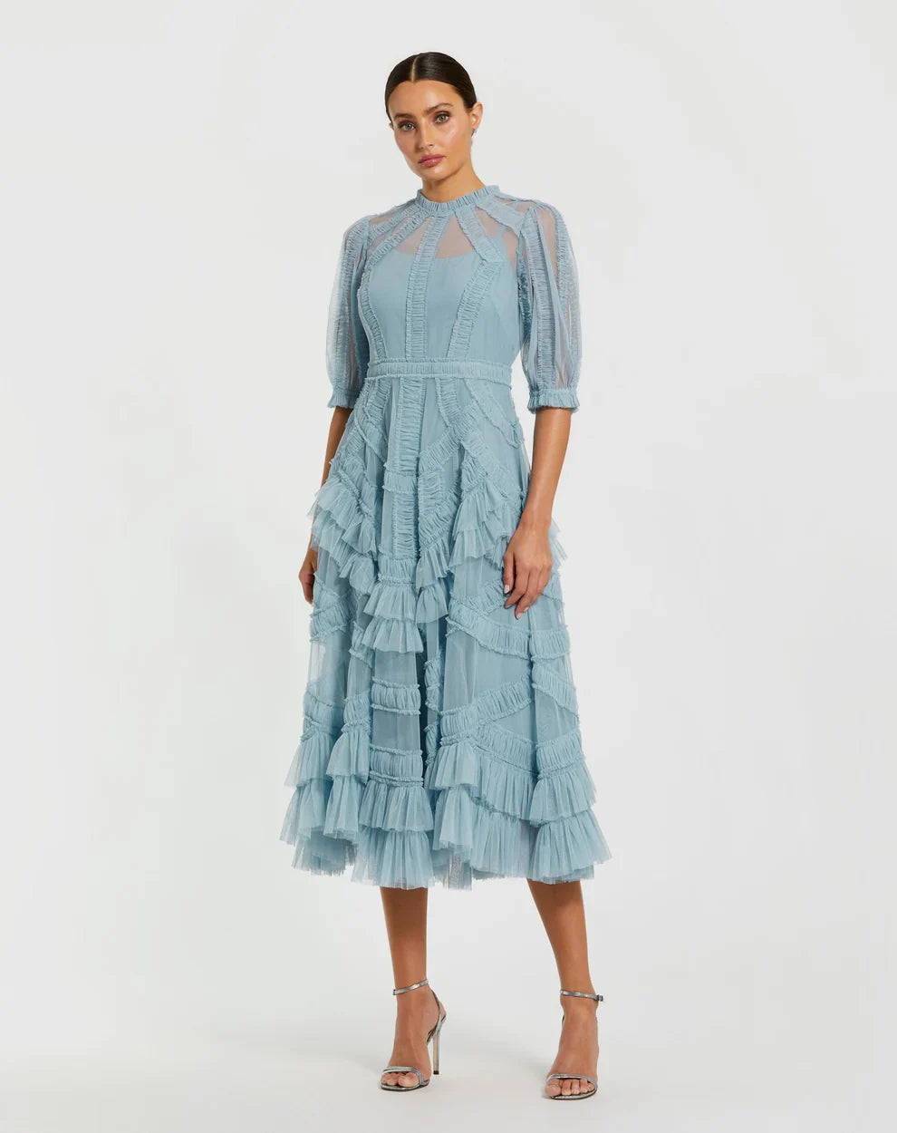 Mac Duggal 8058 High Neck Ruffle Tiered A-Line Midi Dress