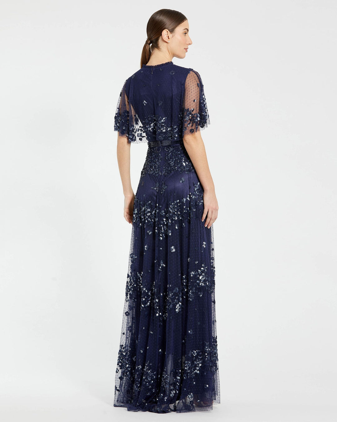 Mac Duggal 9192 Sequined High Neck Flutter Sleeve A Line Gown