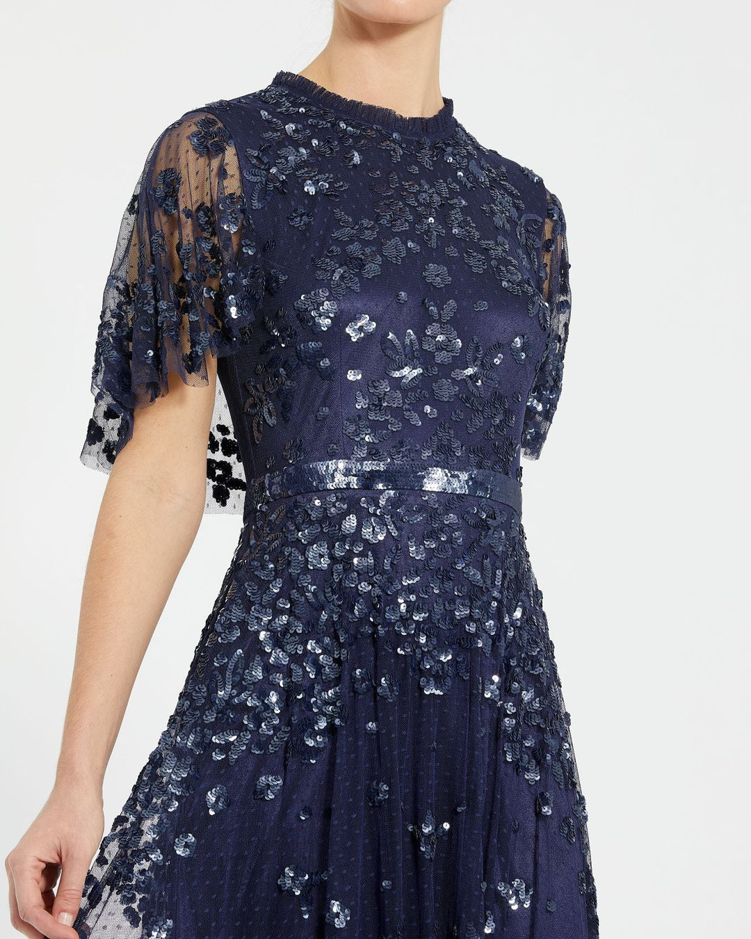 Mac Duggal 9192 Sequined High Neck Flutter Sleeve A Line Gown