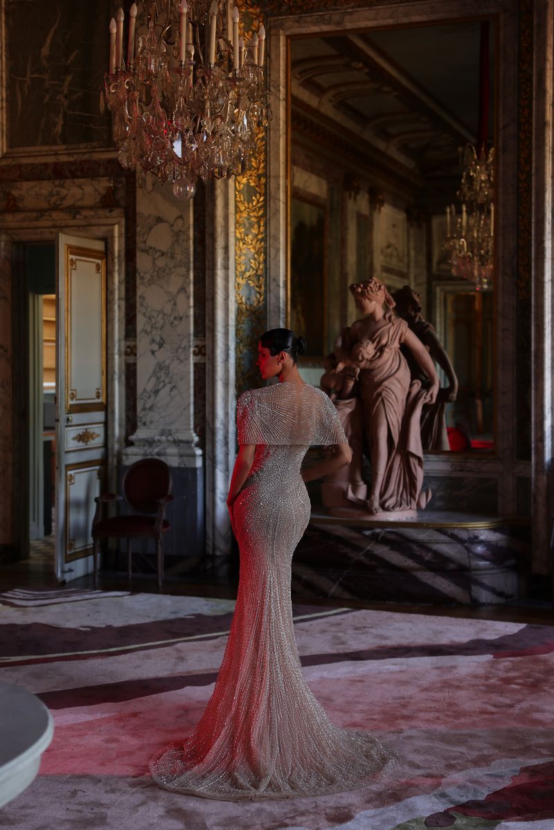 Chic & Holland HF110622 Sweetheart Neckline Fully Linear Beaded Sheath Matching Capelet Couture Dress