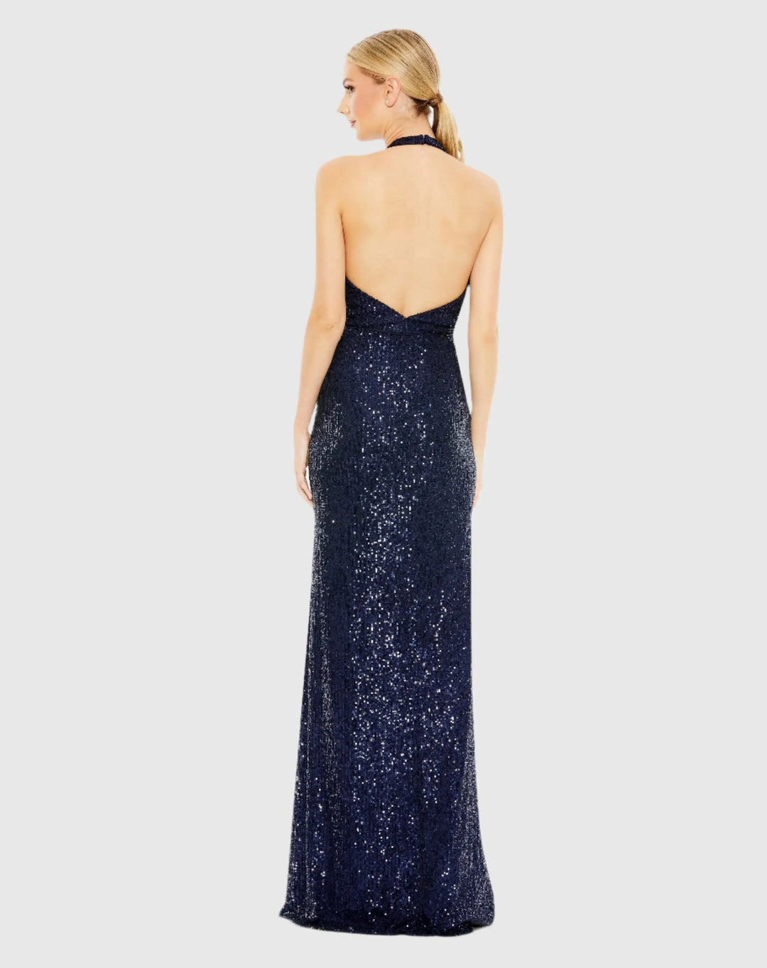 Mac Duggal A11277 Sequined Halter Strap Plunge Neck Gown