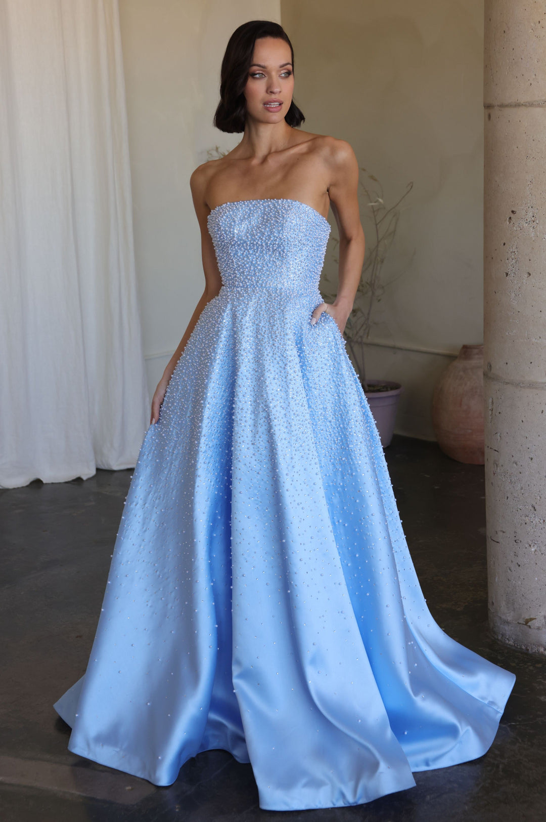 Ava Presley 42500 - Strapless Beaded Blush A Line Gown - FOSTANI.com
