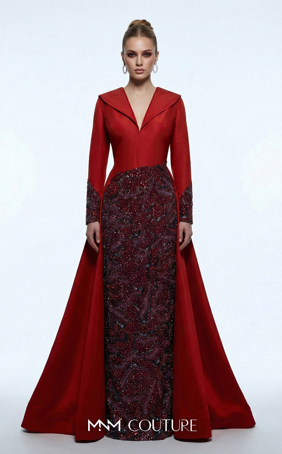 MNM Couture B1177 V-Neckline Long Sleeve Sheath Couture Dress