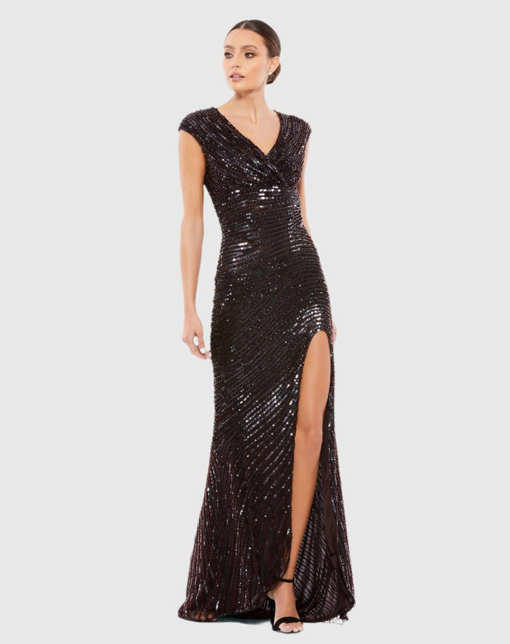 Brown and Black Embellished Cap Sleeve Evening Gown - FOSTANI.com