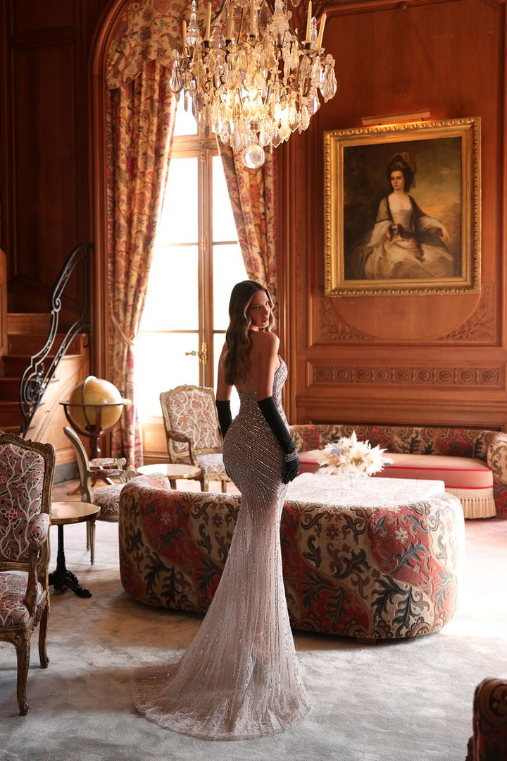 Chic & Holland EW990082 Strapless Straight Neckline Fully Beaded Matching Gloves Evening Dress