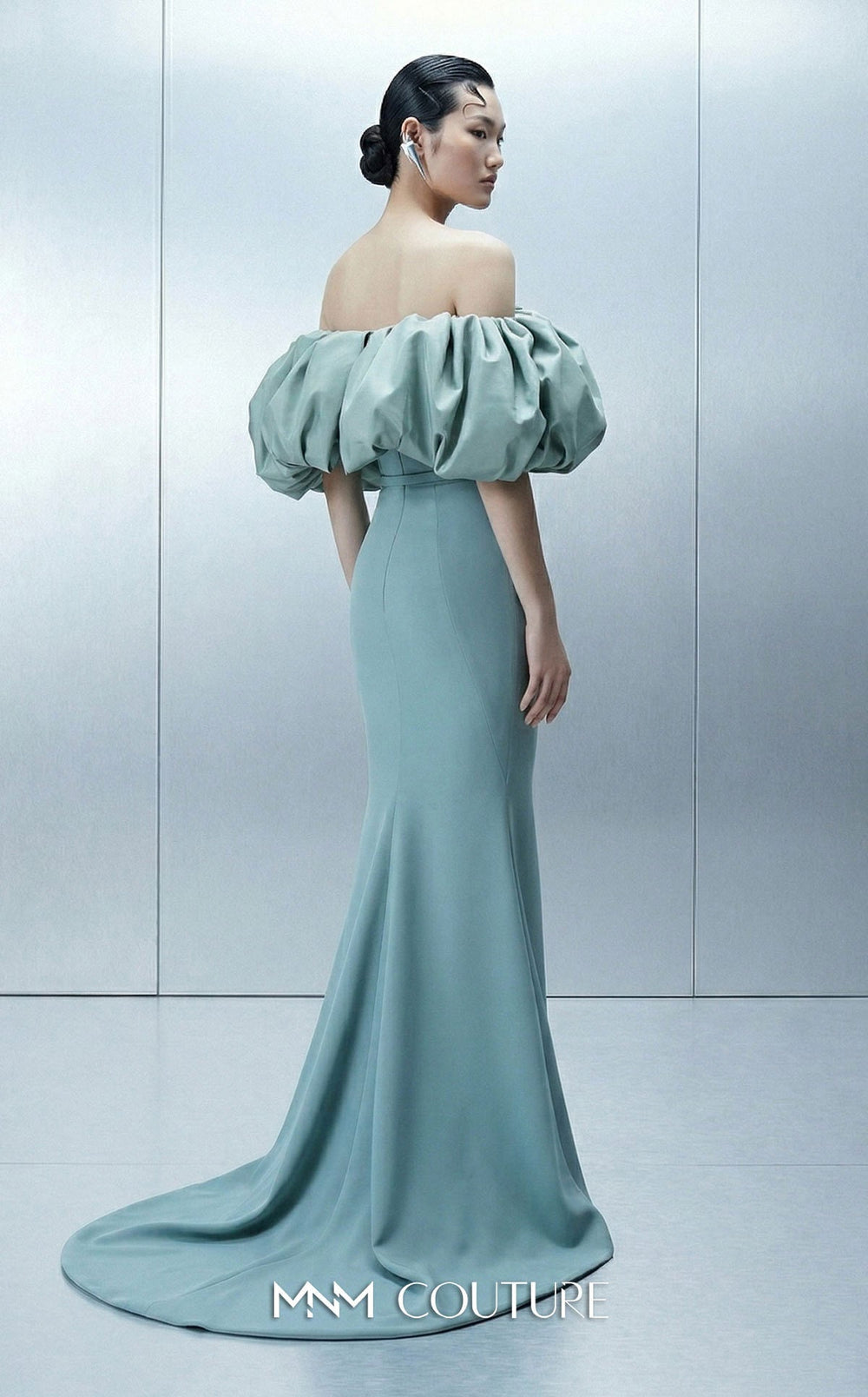 MNM Couture Style E0165 Luxurious Crepe Gown with Puffy Taffeta Sleeves - FOSTANI.com