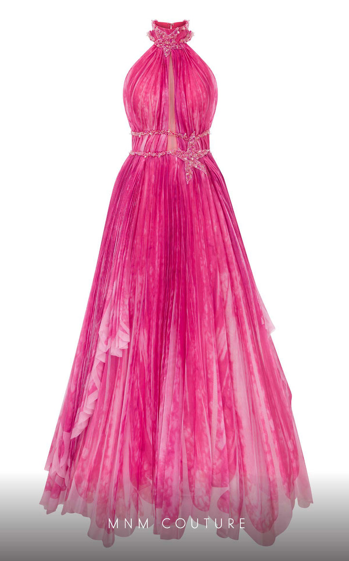 Fouad Sarkis F02822 High Halter Keyhole Pleated A-Line Evening Gown