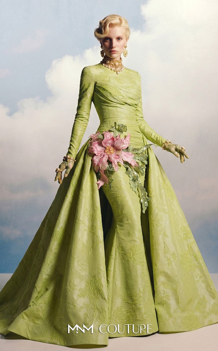 MNM Couture F02909A High Neck Floral Applique Gown
