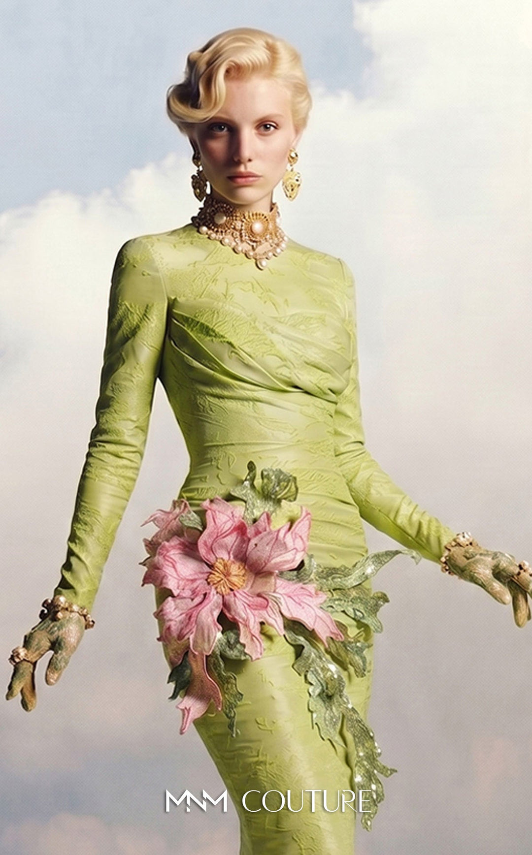 MNM Couture F02909A High Neck Floral Applique Gown