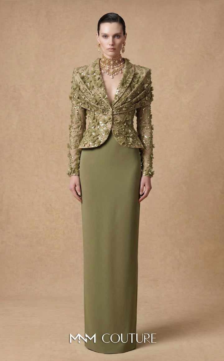 Fouad Sarkis F03047 Embellished Long Sleeve Sheath Couture Dress