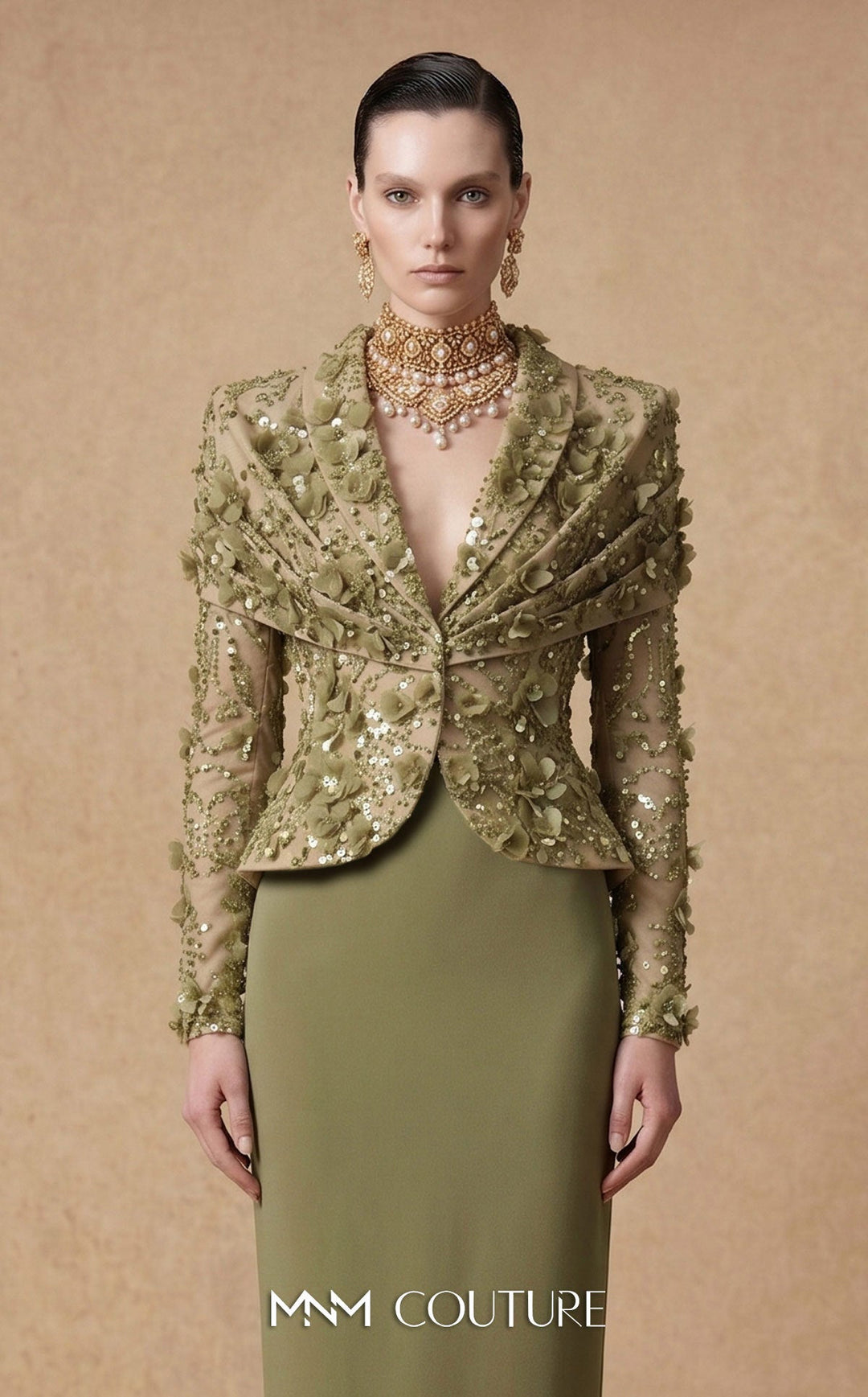 Fouad Sarkis F03047 Embellished Long Sleeve Sheath Couture Dress